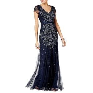 Adrianna Papell Women’s Long beaded cap sleeve embellished gown in Midnight Blue